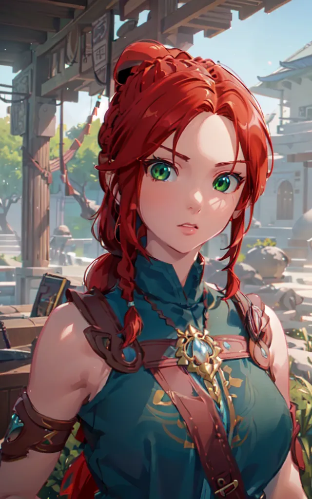 This is an image of a young woman with red hair and green eyes. She is wearing a blue and green outfit with a brown belt. She is standing in a Chinese-style courtyard. There are buildings with upturned eaves in the background.