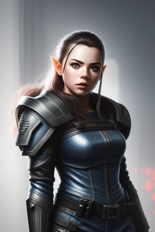 This is an image of a female elf. She is wearing a blue and gray outfit with armor on her shoulders and arms. She has a serious expression on her face and is looking at the viewer. She has long brown hair and blue eyes. Her ears are pointed and she has a small scar on her left cheek. She is standing in a futuristic setting with a blurred background.