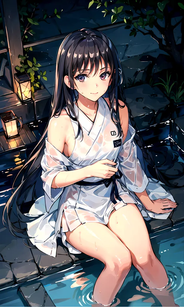 The image depicts a young woman in a yukata sitting on the edge of a hot spring. She has long, dark hair and purple eyes. The yukata is white and has a blue obi. The woman is barefoot and has her feet in the water. There is a lantern on the ground behind her. The background is a dark night sky with a few stars.