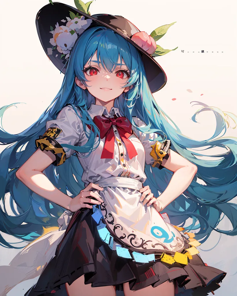 The image is a portrait of a young woman with long, blue hair and red eyes. She is wearing a black hat with a white ribbon and a white apron over a black dress. She has a confident smile on her face and is standing with her hands on her hips. The background is a light pink color.