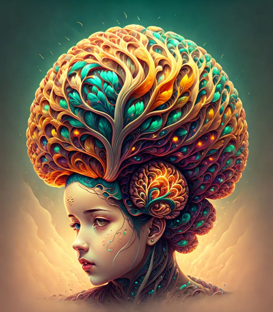 La imagen es una representación de una mujer con un tocado elaborado. El tocado está hecho de hojas, flores y enredaderas, y tiene forma de cerebro. El rostro de la mujer es sereno y sus ojos están cerrados. Lleva un vestido blanco y su cabello es largo y ondulante. El fondo es un degradado de verde y amarillo, y hay destellos de luz flotando en el aire. La imagen es muy detallada y los colores son vibrantes y realistas.