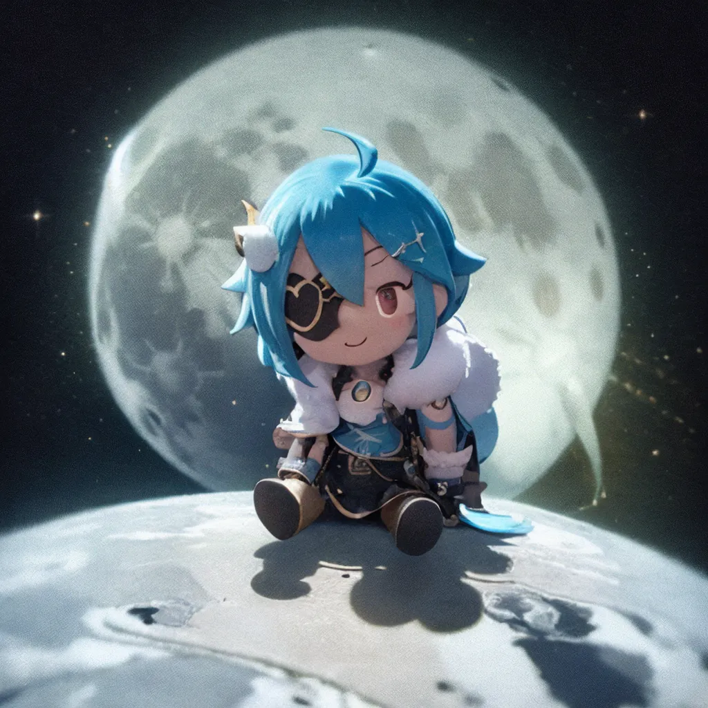 La imagen muestra una versión chibi del personaje "Kazuha" del juego "Genshin Impact". Está sentado en una luna creciente. Tiene el cabello azul y los ojos rojos, y lleva un atuendo blanco y azul. La luna se encuentra frente a un fondo azul oscuro con estrellas.