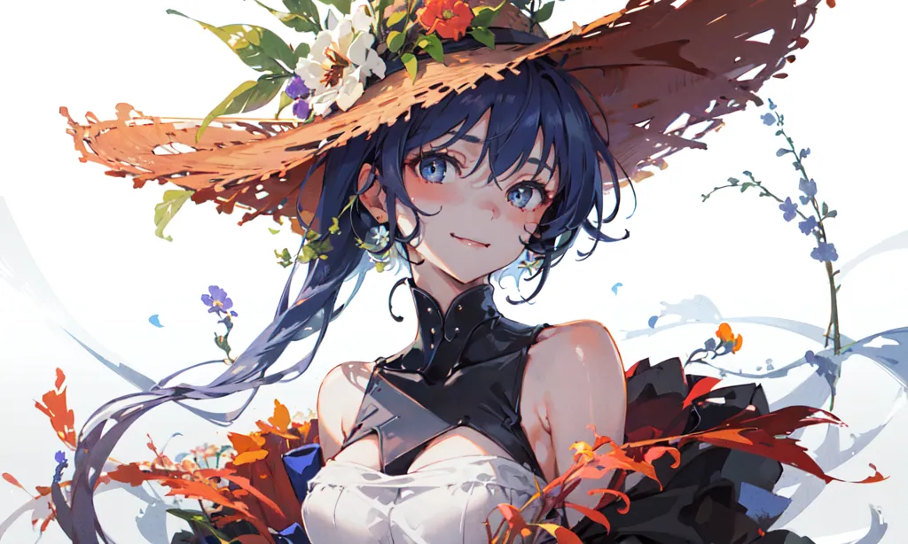 This image shows a beautiful young woman with long blue hair and blue eyes. She is wearing a large straw hat decorated with flowers and leaves. The woman is wearing a white dress with a black corset. She has a gentle smile on her face and is looking at the viewer. The background is white, with some colorful flowers and leaves on the right side of the image.