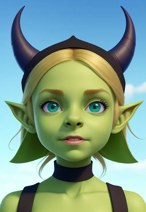 The image shows a computer-generated 3D model of a green-skinned female goblin with blonde hair and black horns. She is wearing a black choker and a black headband with two small horns sticking out of the top. She has large green eyes and a small, upturned nose. Her ears are pointed and she has a small, sharp chin. She is looking at the viewer with a curious expression on her face. The background is a blue sky with white clouds.