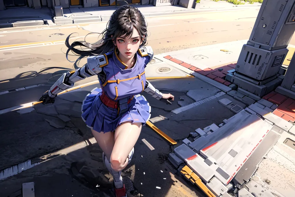 This is an image of a young woman running in a futuristic city. She has long black hair and brown eyes. She is wearing a blue and white outfit with a short skirt and a white belt. She is also wearing a pair of black boots. The city is made of tall buildings and metal structures. The ground is covered in debris and there are large cracks in the pavement. The woman is running towards the viewer with her arms outstretched. She looks determined and focused. The image is full of action and excitement. It is a great example of science fiction art.