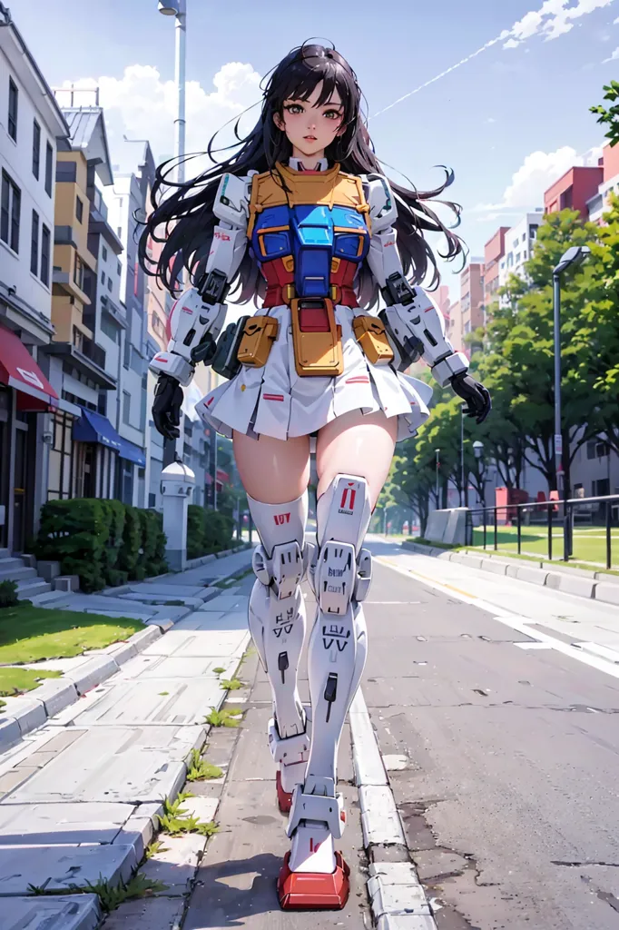 This is an anime-style drawing of a young woman with long dark hair wearing a white skirt, yellow vest, and blue and red chest plate. She is also wearing a pair of robotic legs with red accents. She is walking down a city street with buildings on either side and trees in the background.