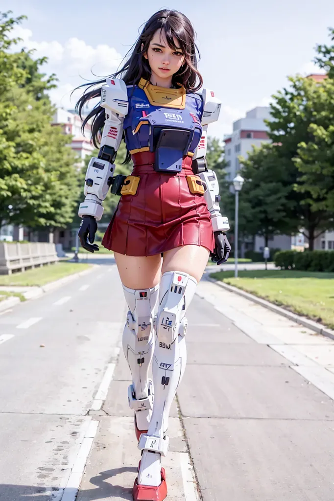 Esta es una imagen de una mujer joven caminando por la calle. Lleva una falda roja y blanca, una blusa azul y un par de tacones altos. También tiene puestos unos protectores futuristas para las piernas y los brazos. El fondo es una calle borrosa con árboles y edificios.