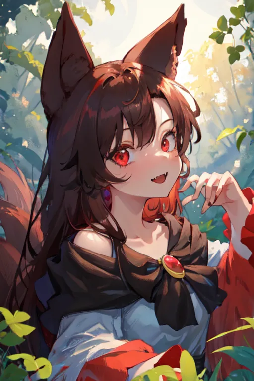 The image is of an anime-style girl with fox ears and a tail. She has long, brown hair and red eyes. She is wearing a white dress with a red sash and a brown cape. She is standing in a forest, and there are green leaves and flowers around her. She has a sly expression on her face and is looking at the viewer.