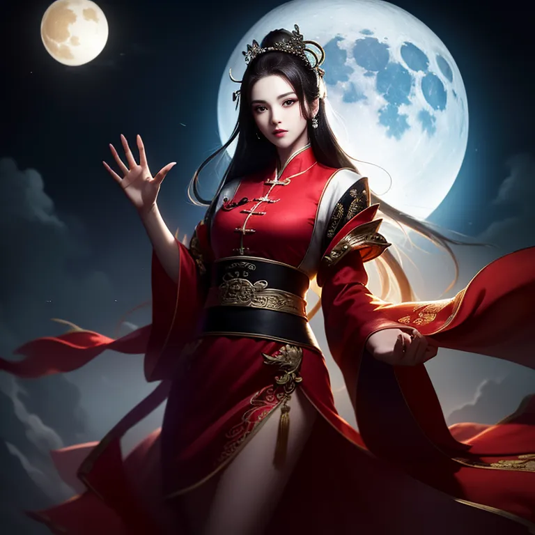 The picture shows a young woman standing with her right hand raised. She is wearing a red and gold dress with a high collar and a long slit up the side. The dress is trimmed with fur and has a wide belt at the waist. The woman has long black hair and a pale face with red lips. There is a large moon in the background.