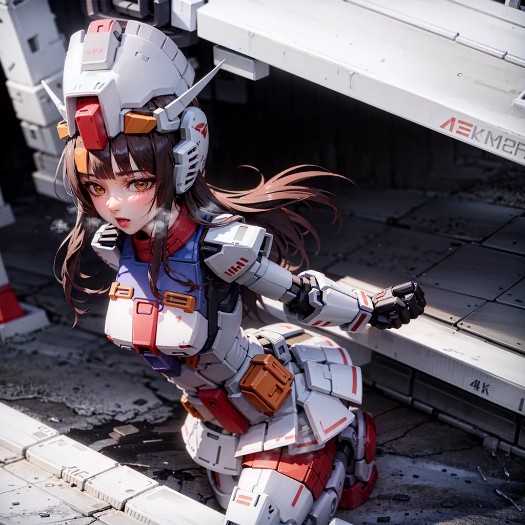 The image is of a young girl with brown hair and brown eyes. She is wearing a white and red mech suit with a helmet. She is kneeling on the ground with one hand on the ground and the other holding a gun. She is looking at the viewer with a determined expression. The background is a blur of grey and white.