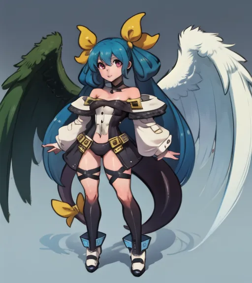 This is an image of a female character with blue hair and yellow bows in her hair. She has green and white wings, and is wearing a white and black outfit. She is standing in a relaxed pose, with a slight smile on her face. The background is a light grey.