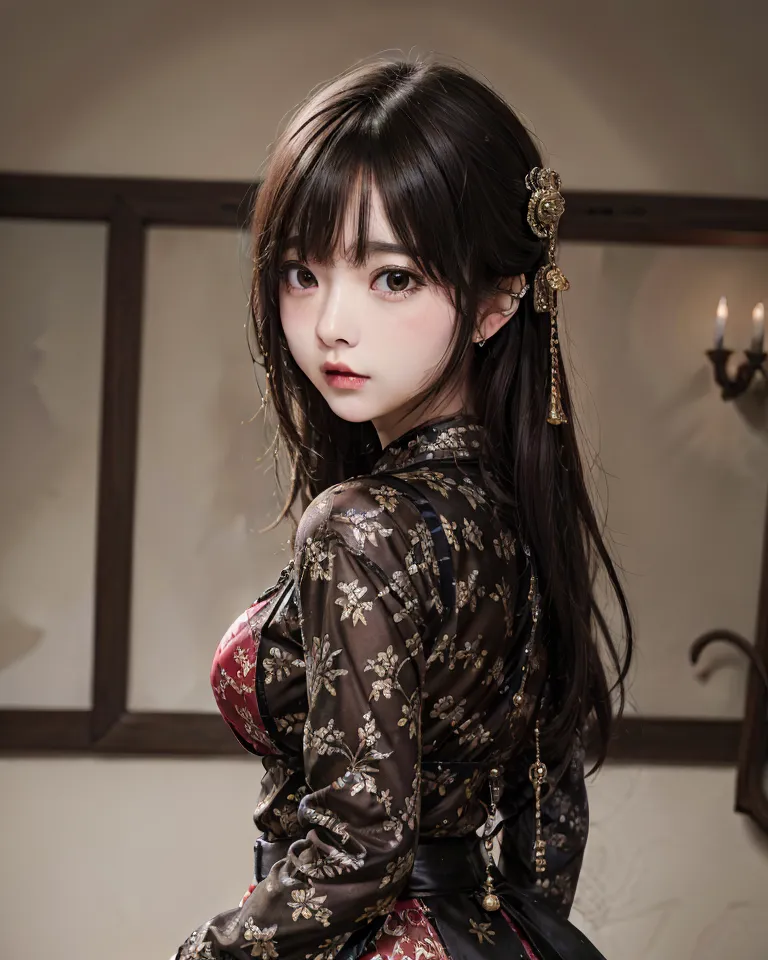 A imagem mostra uma jovem mulher com cabelos pretos longos e olhos castanhos. Ela está usando um vestido tradicional chinês preto e vermelho com padrões florais intrincados e detalhes em dourado. O vestido está fora dos ombros e tem uma saia longa com uma fenda. Ela também está usando um grampo de cabelo tradicional chinês em seu cabelo. O fundo está desfocado e parece ser uma sala tradicional chinesa com paredes de madeira e uma lanterna de papel.