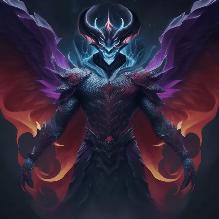 The image shows a muscular purple demon with black and red wings. It has a red glowing skull-like head with two horns pointing upwards and four smaller horns pointing downwards. There is a red crystal embedded in its chest. It has a glowing red and blue energy surrounding its body.