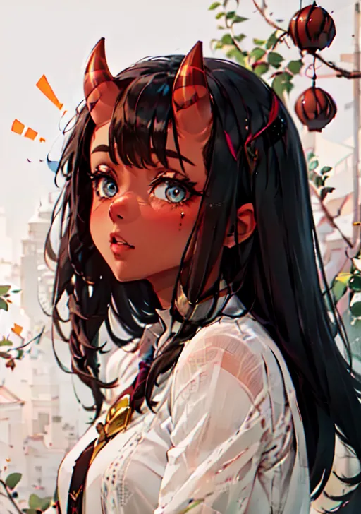 This is an image of a young woman with dark brown hair and red horns. She is wearing a white button-down shirt and has a surprised expression on her face. There are some red and orange lanterns in the background.