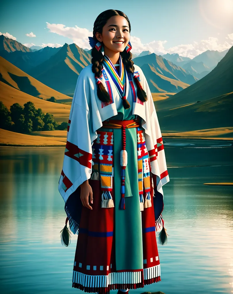 L'image montre une jeune femme debout sur la rive d'un lac. Elle porte une robe traditionnelle amérindienne avec une couverture blanche et rouge. La robe est ornée de perles et de franges complexes. Elle porte également un collier et des boucles d'oreilles. La femme a de longs cheveux noirs et des yeux bruns. Elle sourit et semble heureuse. En arrière-plan, on peut voir des montagnes enneigées.