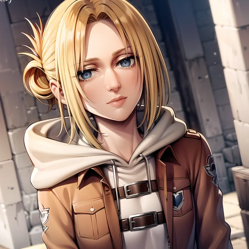 The image shows a young woman with blonde hair and blue eyes. She is wearing a brown jacket with a white hood. The jacket has several belts and buckles on it, as well as a patch with a wing emblem. The woman is looking at the viewer with a serious expression.