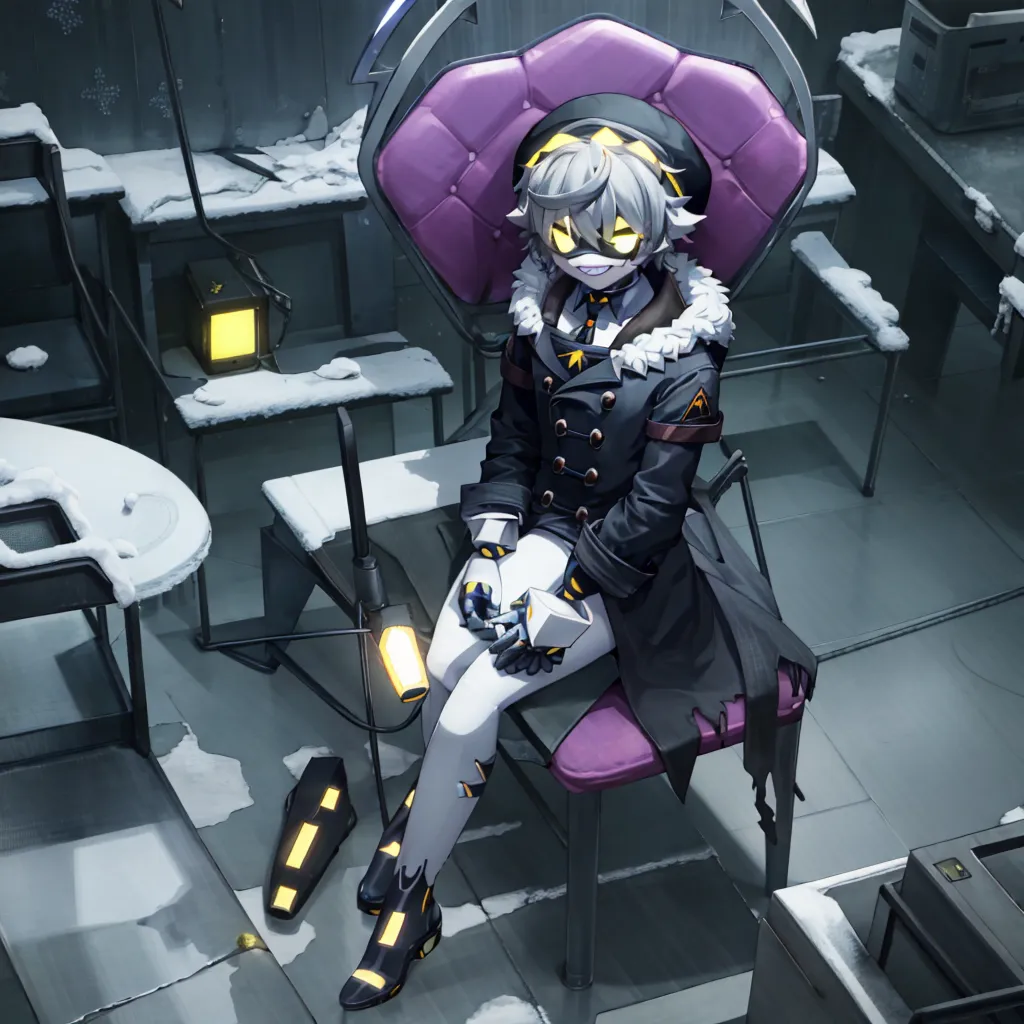 The image is of an anime character sitting in a purple plush chair in a room full of snow-covered desks and chairs. The character is wearing a black military-style coat with yellow trim and a purple hat with a black veil. They have white hair and yellow eyes, and they are smiling. A small yellow light is plugged into the wall behind them.