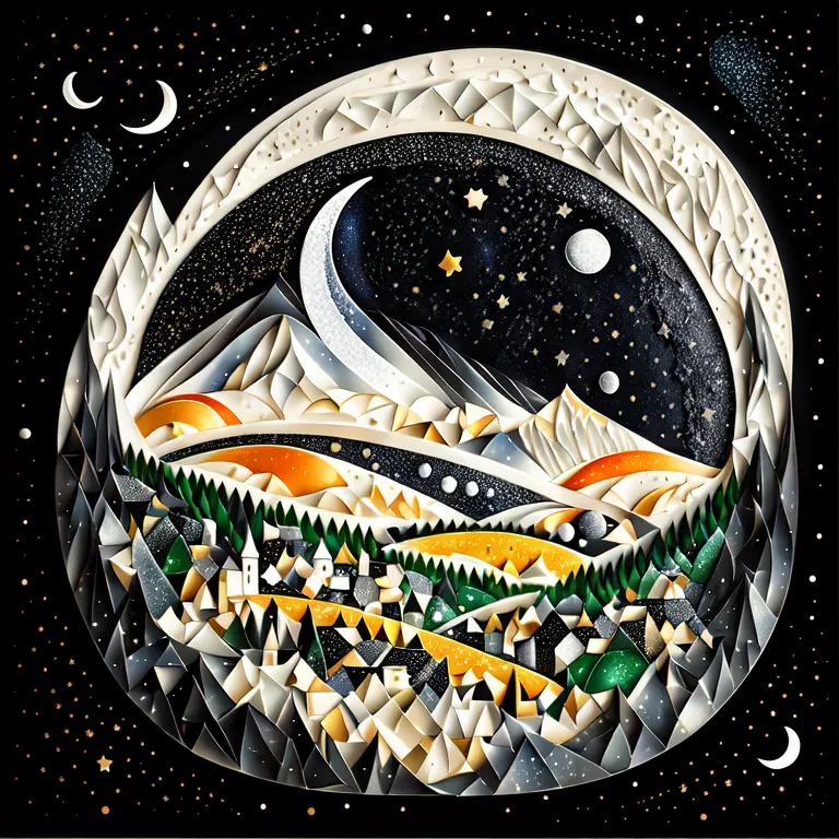 A imagem é uma representação em forma de mosaico redondo de um vale montanhoso à noite. O céu é azul-escuro e cheio de estrelas, e há duas luas crescentes, uma de cada lado do vale. As montanhas estão cobertas de neve. Há uma aldeia no vale, com casas, árvores e uma igreja. A imagem é muito detalhada, com muitos padrões e texturas intrincados.