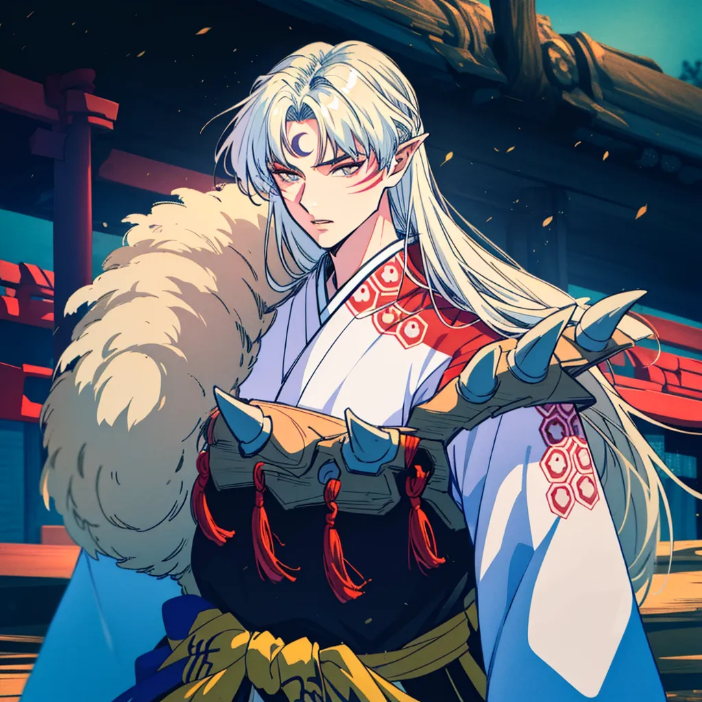 Gambar ini adalah Inuyasha, karakter dari serial anime InuYasha. Dia adalah setengah iblis, dan penampilannya mencerminkan hal ini. Dia memiliki rambut putih panjang, telinga runcing, dan gigi tajam. Dia mengenakan kimono putih dengan ikat pinggang merah, dan dia membawa pedang. Dia berdiri di hutan, dan ada bulan purnama di latar belakang. Gambar ini digambar dalam gaya realistis, dan warnanya cerah dan terlihat hidup.