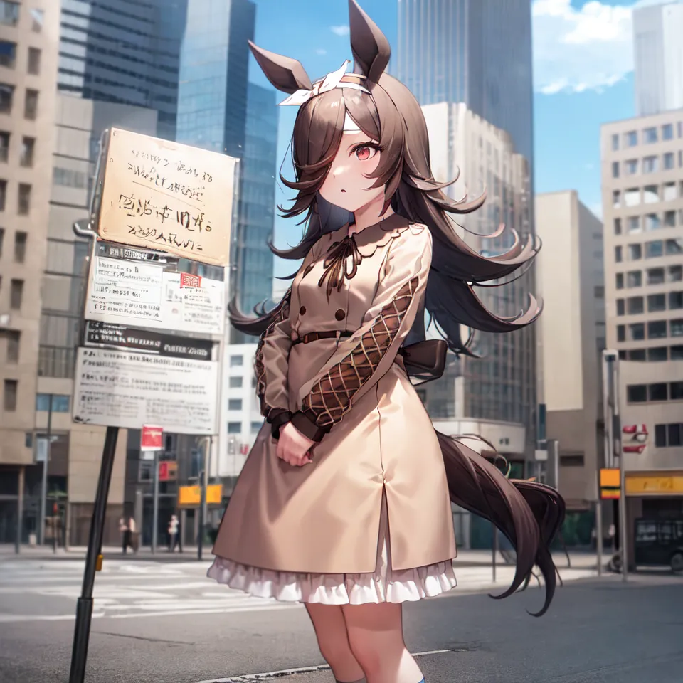 The image is a photo of a young woman standing on a city street. She has long brown hair, brown eyes, and horse ears. She is wearing a tan trench coat and a white dress. She is standing in front of a building. There are cars and people walking on the street. The image is in the style of anime.