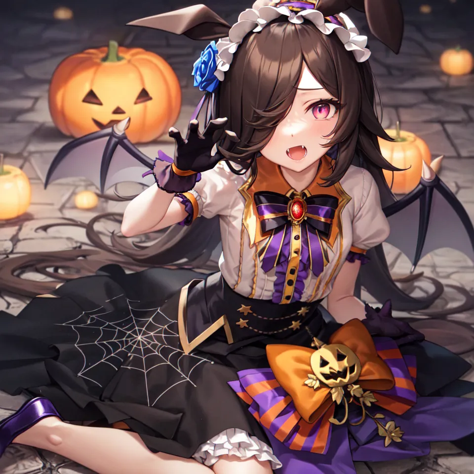 The image is of an anime girl with long brown hair and purple eyes. She is wearing a black and purple dress with a white collar and a blue bow in her hair. She also has bat wings and a tail. She is sitting on the ground in front of a large pumpkin. There are also other pumpkins and cobwebs around her. The background is a dark stone wall. The girl is smiling and has her hand raised in the air.