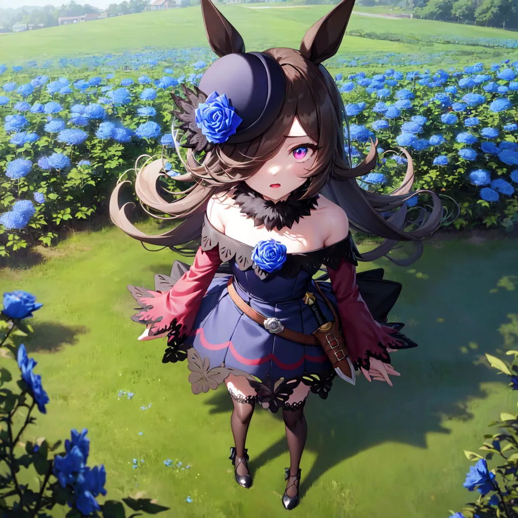 This image shows an anime girl with brown hair and purple eyes. She is wearing a blue and black dress with a blue rose on her chest. She is also wearing a black hat with a blue rose on it. She is standing in a field of blue flowers. There is a hill and some trees in the distance. The sky is blue and there are some clouds in the sky.