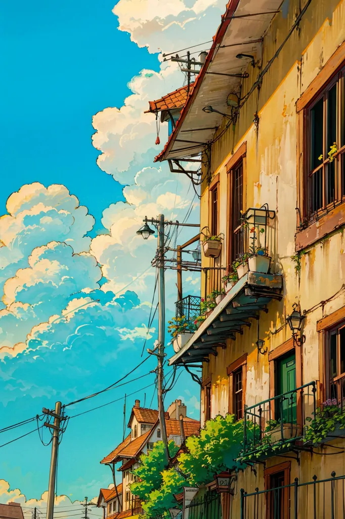 The image is a streetscape of a European city. The sky is blue and cloudy, and the buildings are tall and colorful. The buildings are made of brick and have wooden shutters. There are many plants growing on the balconies of the buildings. The street is made of cobblestones and there are a few trees on either side of the street. There is a street lamp on the side of the street. The image is very detailed and realistic.