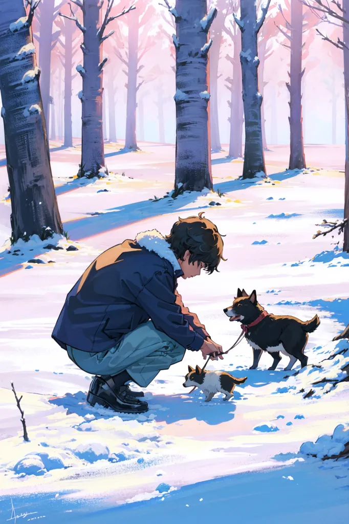 The image shows a person kneeling in the snow in a forest. The person is wearing a blue jacket and has short brown hair. They are holding a leash with two dogs attached to it. The dogs are both small and one is black and the other is white and brown. The trees in the forest are bare, and the ground is covered in snow. The sun is shining through the trees, creating a dappled pattern on the snow. The image is peaceful and serene, and it captures the beauty of a winter day.