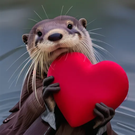 The image shows an otter in a suit holding a red heart in its hands. The otter is standing in a river and looking at the camera. The background is blurred, and the otter is in focus. The otter is brown and white, and the heart is red. The otter is smiling and looks happy.