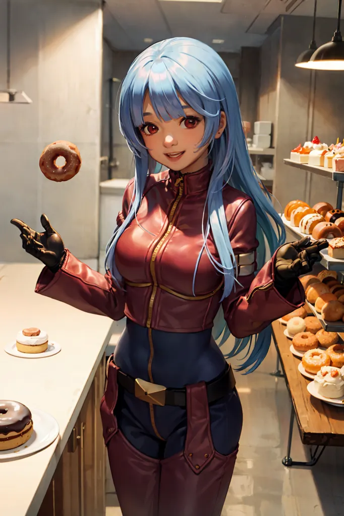 The image depicts a young woman with bright blue hair and red eyes. She is wearing a red leather jacket and black pants. She is standing in a commercial kitchen, and there are many baked goods on the shelves behind her. She has a donut in her left hand and is reaching for another donut with her right hand. She has a playful expression on her face.