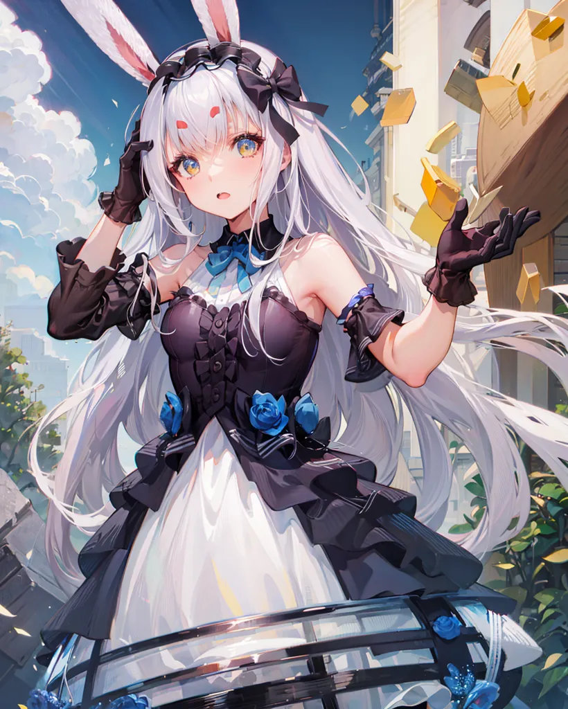 The image is of a young woman with long white hair and blue eyes. She is wearing a black and white dress with a blue bow in her hair. She is also wearing black gloves and has a surprised expression on her face. She seems to be in some kind of city, with buildings and trees in the background.