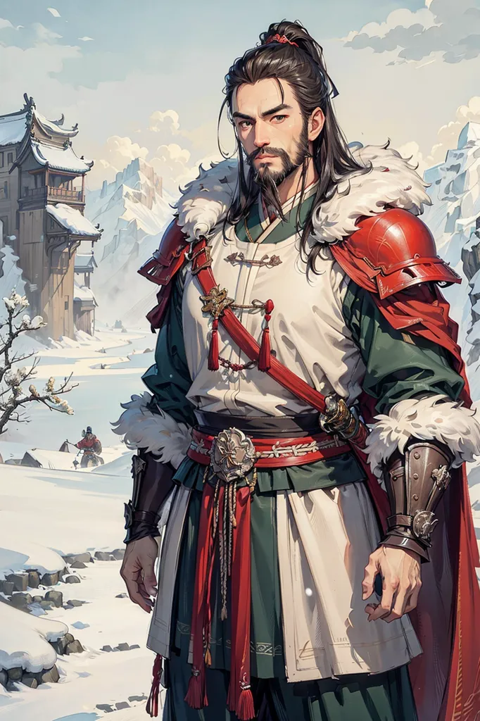 The image shows a man standing in a snowy landscape. He is wearing a white and red robe with a fur collar and a red sash. He has a sword at his side and a bow and arrow on his back. He has long brown hair and a beard. In the background, there is a building on a hill and two figures in the distance.