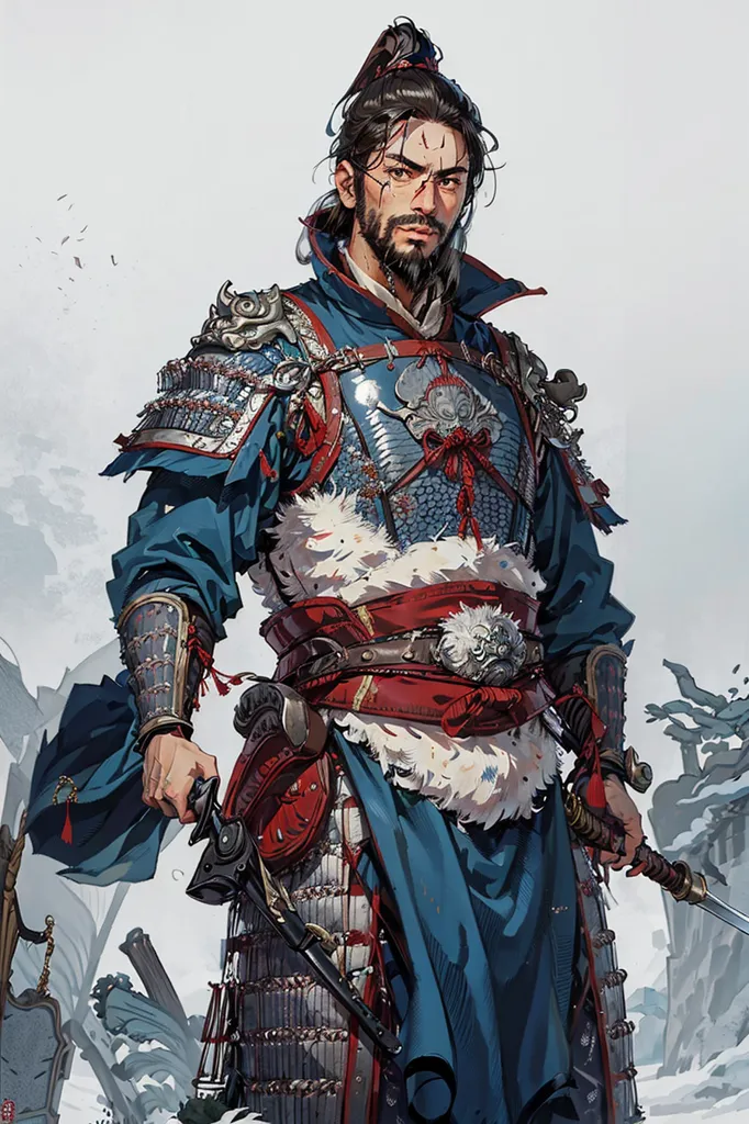 The image shows a man dressed in traditional Chinese armor. He has a long beard and his hair is tied up in a bun. He is wearing a blue robe with red and white accents. The robe is decorated with intricate patterns and has a white fur collar. He is also wearing a red and white belt and has a sword and a gun in his belt. He has a determined expression on his face and looks like he is ready for battle.