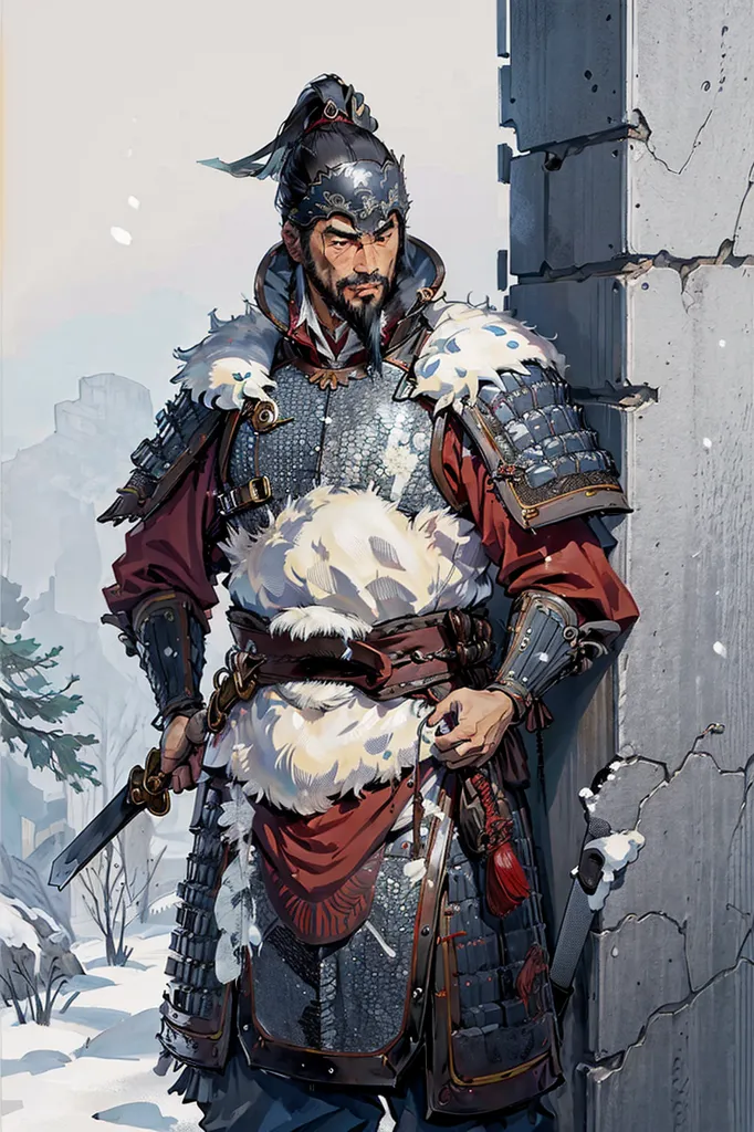 The image shows a man in ancient Chinese armor. He is wearing a metal helmet with a red plume, a red and white fur-lined cape, and a metal breastplate with fur trim. He is also wearing blue pants and black boots. He is standing in front of a stone wall, and there is a snowy landscape in the background. The man is holding a sword in his right hand. He has a serious expression on his face.