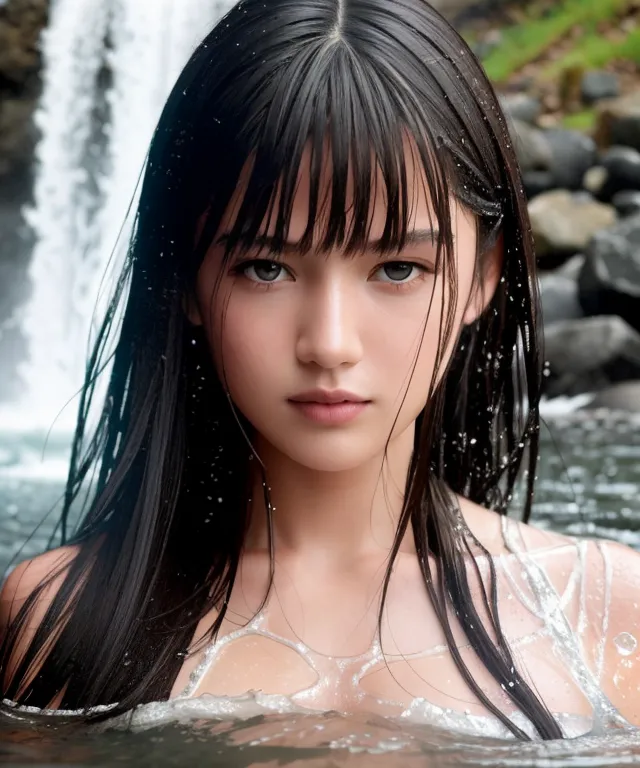 The picture shows a young woman with long black hair and bangs. She is standing in a river and the water is up to her chest. The woman's eyes are dark and her skin is pale. She is wearing a white dress that is partially transparent due to being wet. The background of the picture is a blur of rocks and trees.