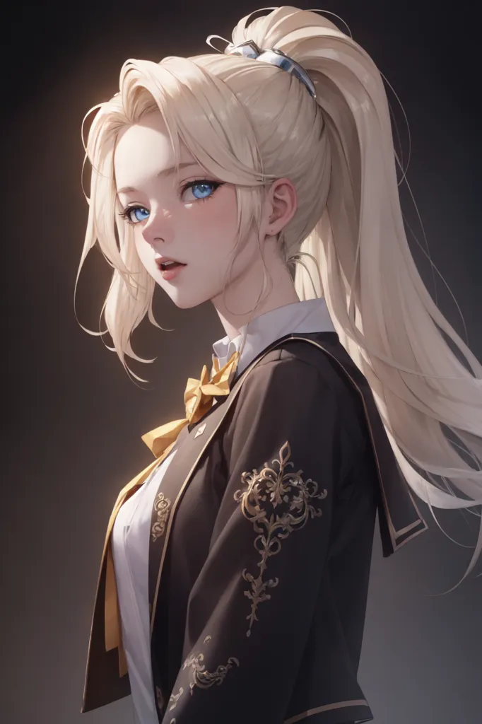 The image is a digital painting of a young woman with long blonde hair and blue eyes. She is wearing a white blouse and a black jacket with gold trim. The jacket has a pattern of leaves and flowers embroidered on the sleeves. The woman's hair is pulled back into a ponytail and she is looking at the viewer with a slightly surprised expression. The background is a dark brown color.