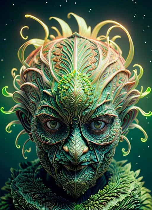 The image is a portrait of a humanoid creature with green skin and leafy hair. The creature's face is covered in intricate patterns and its eyes are a deep brown color. It is wearing a dark green collar and there are small white flowers growing around its neck. The background of the image is a dark blue color with a starry night sky and the creature's head and shoulders are facing the viewer.