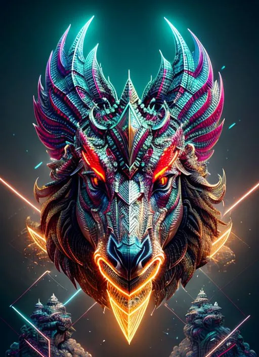 La imagen es un renderizado 3D de la cabeza de un dragón. La cabeza del dragón es de color azul y plateado con ojos rojos brillantes. La cabeza está mirando al espectador y está rodeada de un fondo azul oscuro con acentos brillantes de color azul claro y rosa. La cabeza del dragón es muy detallada, con escamas, cuernos y dientes claramente visibles.