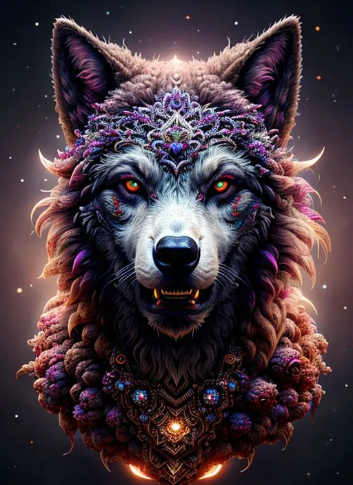 The image is a digital painting of a wolf. The wolf is standing in front of a dark blue background, and its fur is a light gray color. The wolf has a crown on its head and a necklace around its neck. The crown and necklace are made of gold and jewels. The wolf's eyes are red, and its teeth are bared. The wolf is growling, and it looks like it is ready to attack.