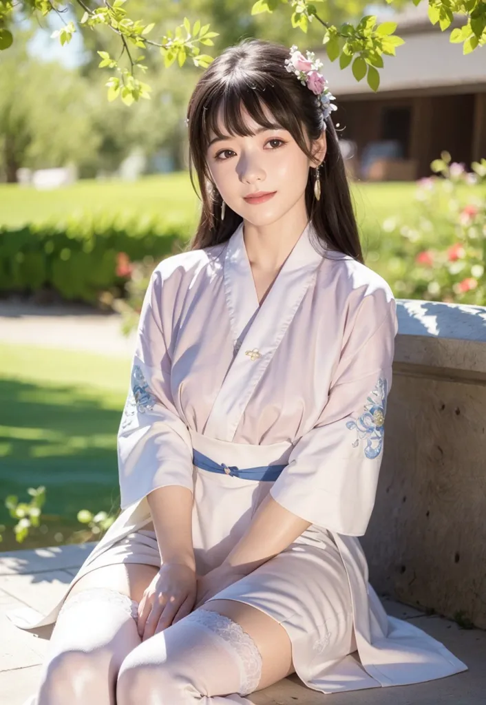 The image shows a young woman sitting on a stone bench in a garden. She is wearing a white and pink kimono with a blue obi sash. Her hair is long and black, and she is wearing a pink flower in her hair. She is looking at the camera with a gentle smile on her face. The background is blurry, but it looks like there are trees and flowers in the background.