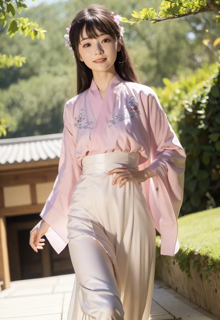 L'image montre une jeune femme portant un hanfu, une robe traditionnelle chinoise. Le hanfu est rose et blanc, avec une broderie complexe et des accents floraux. La femme a de longs cheveux noirs et porte une fleur rose dans ses cheveux. Elle se tient dans un jardin, avec un grand arbre en arrière-plan. L'image est douce et éthérée, avec une pointe de mystère.