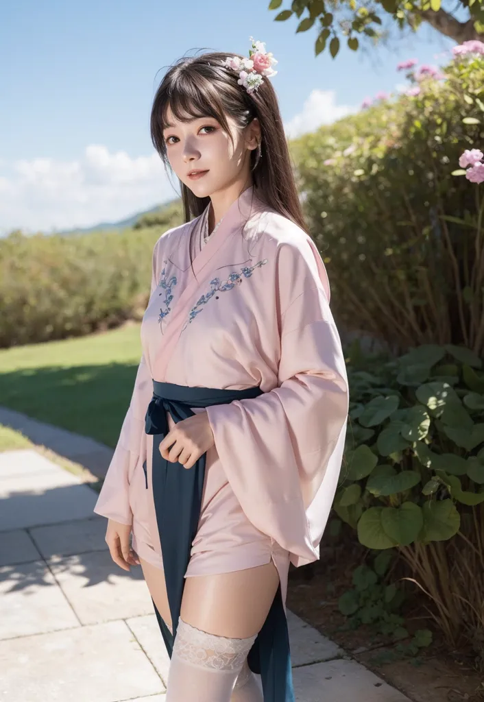 La imagen muestra a una mujer joven que lleva un kimono rosa con bordados florales azules y blancos. El kimono está atado con un fajín azul, y ella lleva calcetines blancos y zapatos negros. Su cabello es largo y oscuro, y lleva una flor rosa en el cabello. Ella está de pie en un jardín, y hay árboles y flores en el fondo. La imagen se toma desde un ángulo ligeramente elevado, y la mujer mira a la cámara.