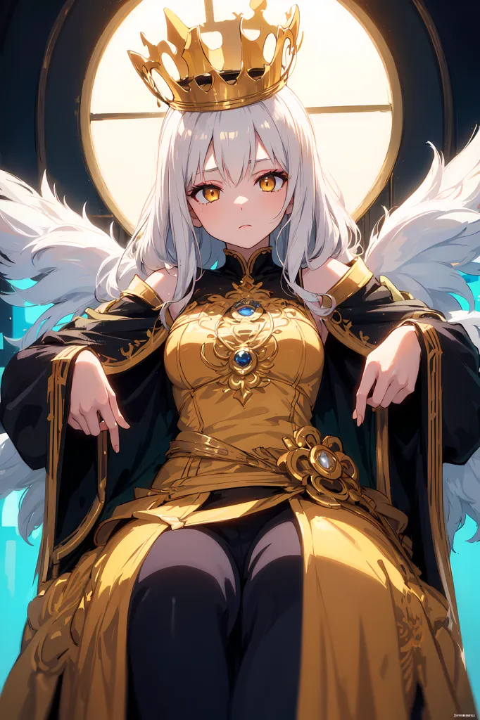 The image is of an anime-style girl with long white hair and yellow eyes. She is wearing a golden dress with a white cape and a crown on her head. She is sitting on a throne with a serious expression on her face. She has white wings and is pointing with two fingers.