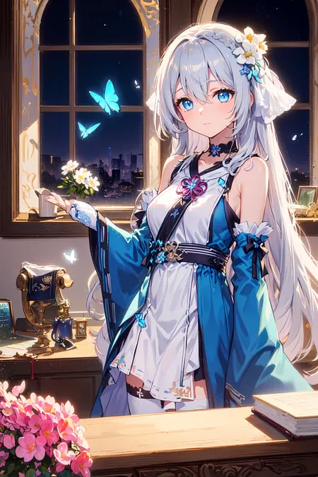 L'image représente une belle jeune fille d'anime aux longs cheveux blancs. Elle porte une robe de style kimono bleu et blanc avec une écharpe rose et des bas blancs montant jusqu'aux cuisses. Elle se tient dans une pièce avec une grande fenêtre derrière elle. Il y a des livres, des papiers et une plume sur le bureau à côté d'elle. Il y a aussi plusieurs fleurs roses sur le bureau. La jeune fille tient une fleur blanche dans sa main droite et il y a deux papillons qui volètent autour d'elle. La pièce est éclairée par une lumière dorée et chaleureuse. L'atmosphère générale de l'image est celle de la paix et de la tranquillité.