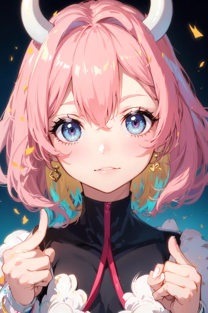 The image is a portrait of a young woman with pink hair and blue eyes. She has a gentle smile on her face and is looking at the viewer with her head tilted slightly to the right. She is wearing a black and pink outfit with a white collar and has two small horns protruding from her head. There are also some small, golden, leaf-like shapes floating around her.