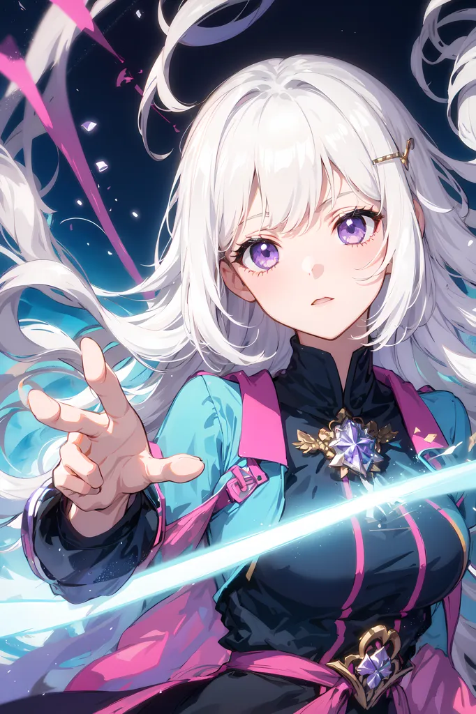 The image is an anime-style drawing of a young woman with long white hair and purple eyes. She is wearing a blue and pink outfit and has a determined expression on her face. She is holding her hand out in front of her, and there is a bright light in her palm. The background is dark with a few streaks of light.