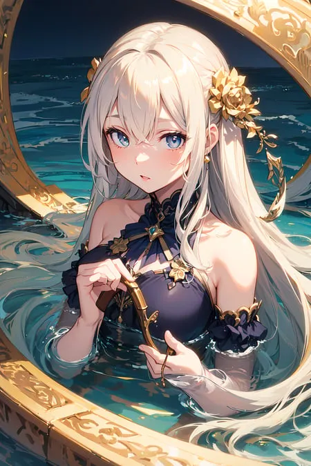 The image is a painting of a beautiful anime girl with long white hair and blue eyes. She is wearing a dark blue dress with gold trim and is standing in a large golden ring that is floating on the surface of the water. She is looking at the viewer with a serious expression and is holding a gold key in her right hand. The background is a dark blue sea with a full moon shining in the distance. The painting is done in a realistic style and the colors are vibrant and lifelike.