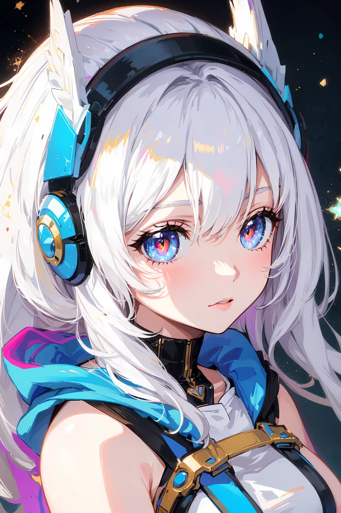 The image is a portrait of a young woman with white hair and blue eyes. She is wearing a blue and white outfit and has a pair of headphones on. The background is dark with some light blue and purple lights. The woman is looking at the viewer with a slightly sad expression.