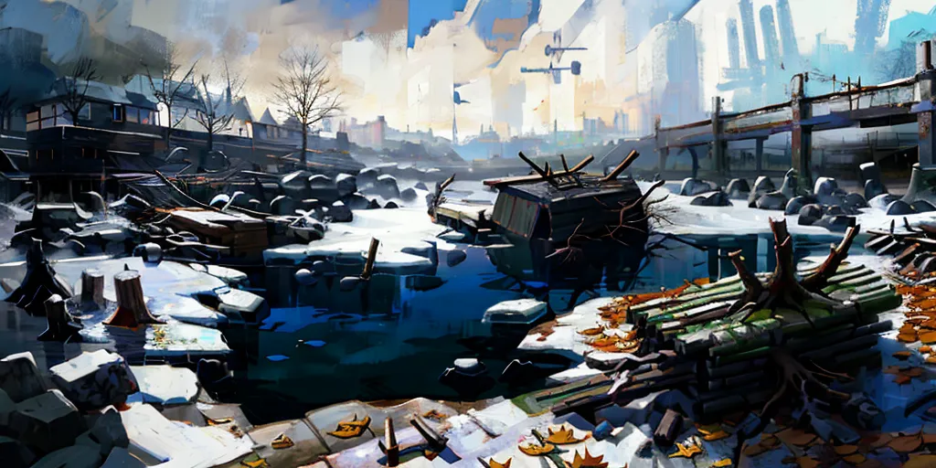 The image shows a frozen river in a post-apocalyptic city. The river is covered in ice and snow, and the banks are lined with broken trees and debris. In the background, there are ruined buildings and structures. A wooden bridge crosses the river in the middle of the image. The image is in a blue-grey color scheme, and the atmosphere is cold and desolate.