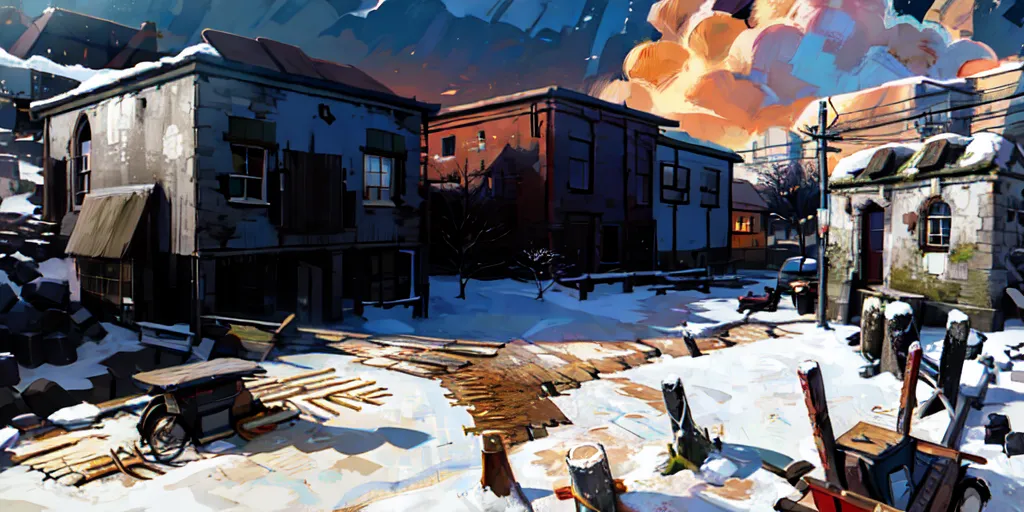 The image shows a street in a snowy town. The street is covered in snow and there are a few trees on either side of the street. There are also a few houses and buildings on either side of the street. The houses are made of wood and have snow on their roofs. The buildings are made of brick and have snow on their roofs as well. There is a blue sky in the background and a few clouds in the sky. There is also a mountain in the background.